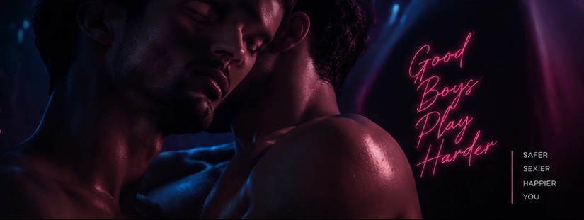 Two adult men in blue and pink lighting